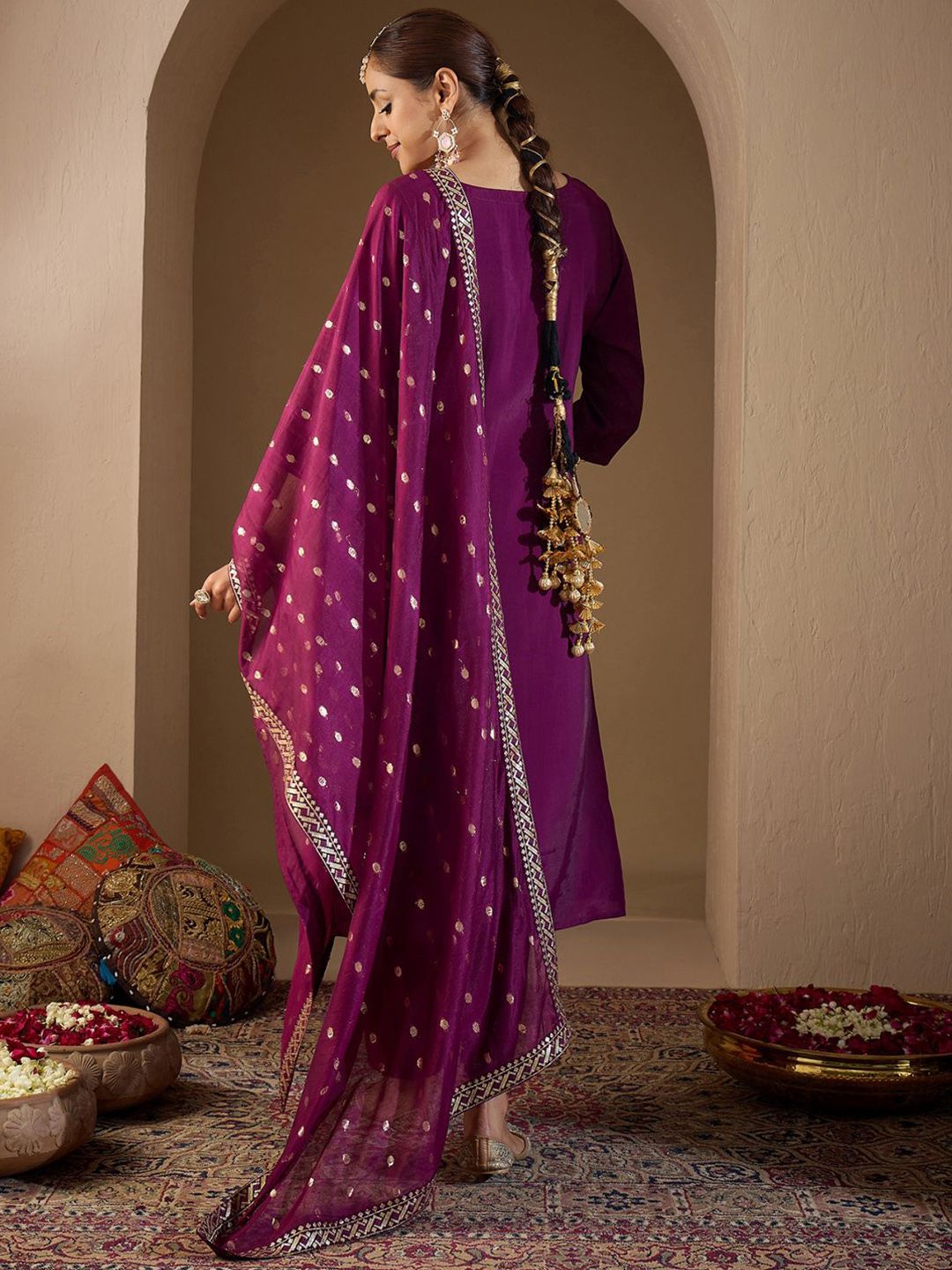Dhiyona IE Women Ethnic Motifs Embroidered Regular Sequinned Kurta with Trousers & With Dupatta