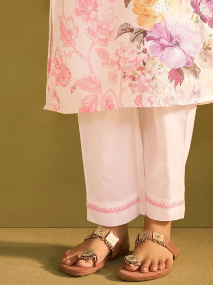 Floral Printed V Neck Linen Kurta With Trousers & Dupatta