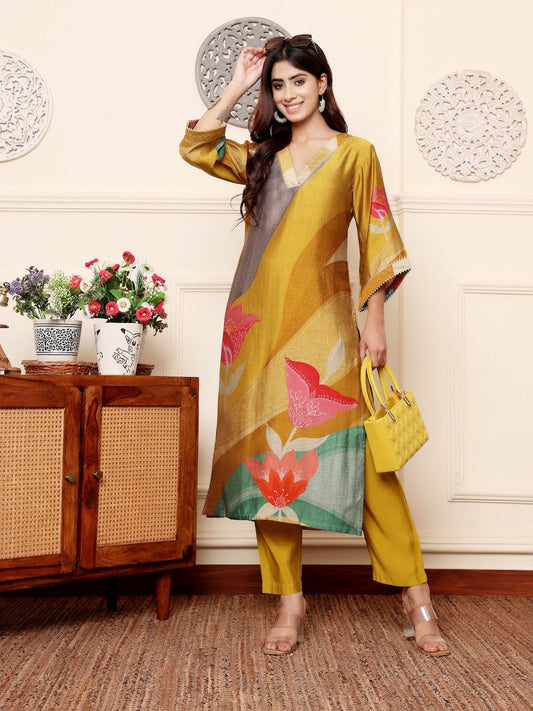 Dhiyona VA Women'sQuirky Printed V-Neck Chanderi Silk Straight Kurta With Trousers
