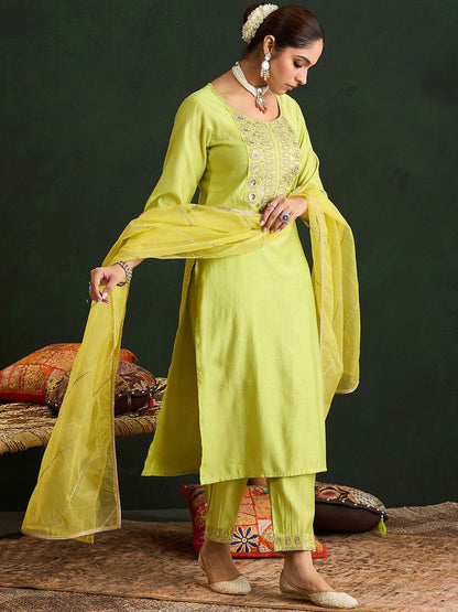 Embroidered Liva Straight Kurta With Trousers & Dupatta