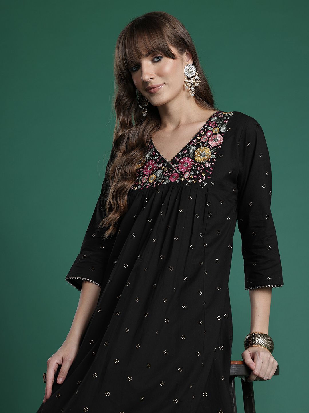 Floral Embroidered Empire Thread Work Pure Cotton Kurta with Palazzos