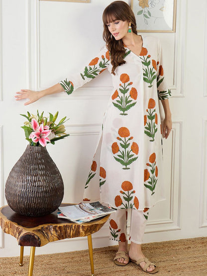 Dhiyona IE Printed Cotton V Neck Top With Trousers Co-Ords