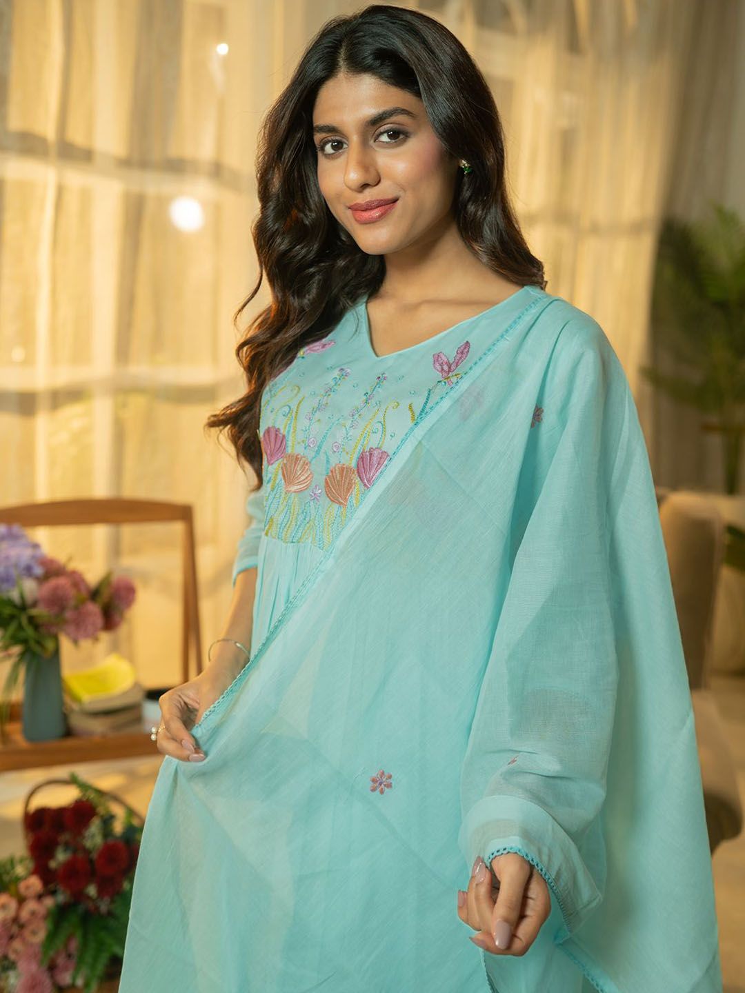 Floral Yoke Design Thread Work Pure Cotton A-Line Kurta With Trousers & Dupatta