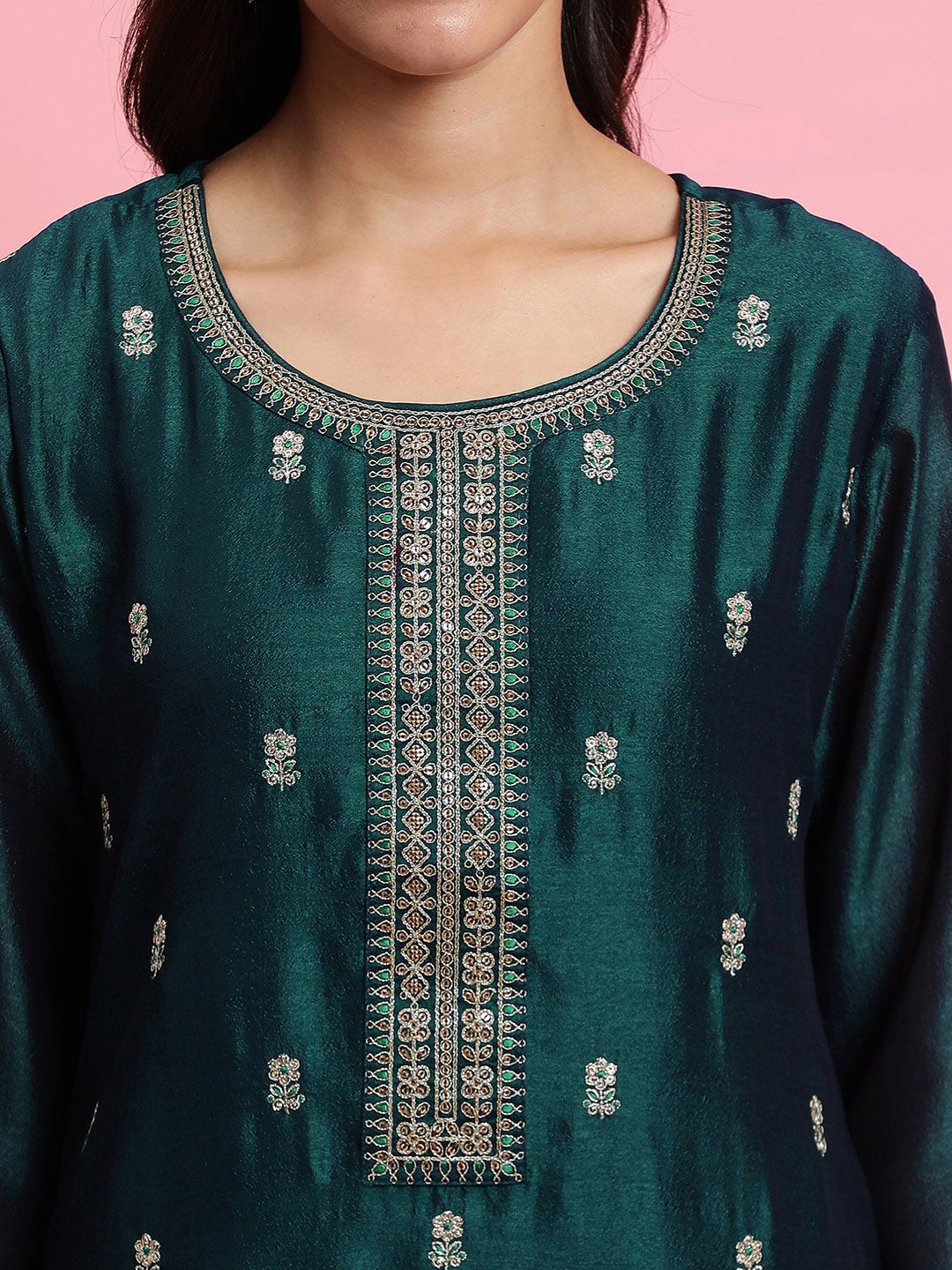 Dhiyona IE Ethnic Motifs Embroidered Sequinned Straight Kurta & Trousers With Dupatta