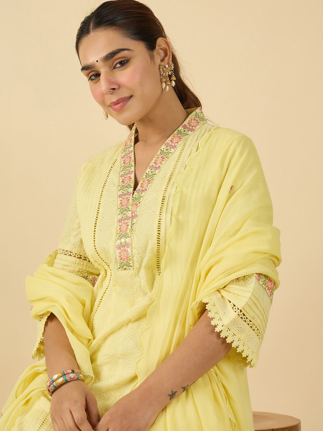 Floral Embroidered Pure Cotton V Neck Kurta With Trousers & Dupatta