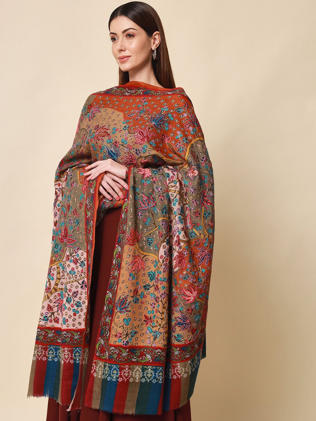 Dhiyona PA Women Beige Embroidered Pure Wool Shawl