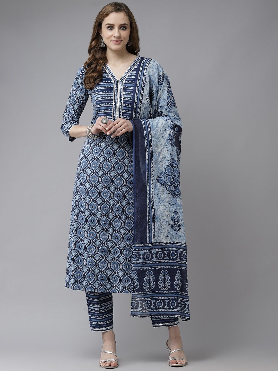 Blue & White Ethnic Print Gotta Patti A-line Kurta Trousers & Dupatta