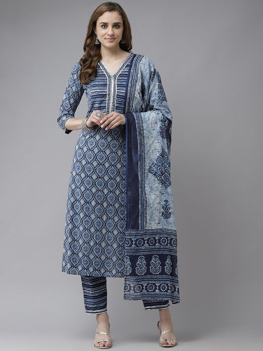 Blue & White Ethnic Print Gotta Patti A-line Kurta Trousers & Dupatta