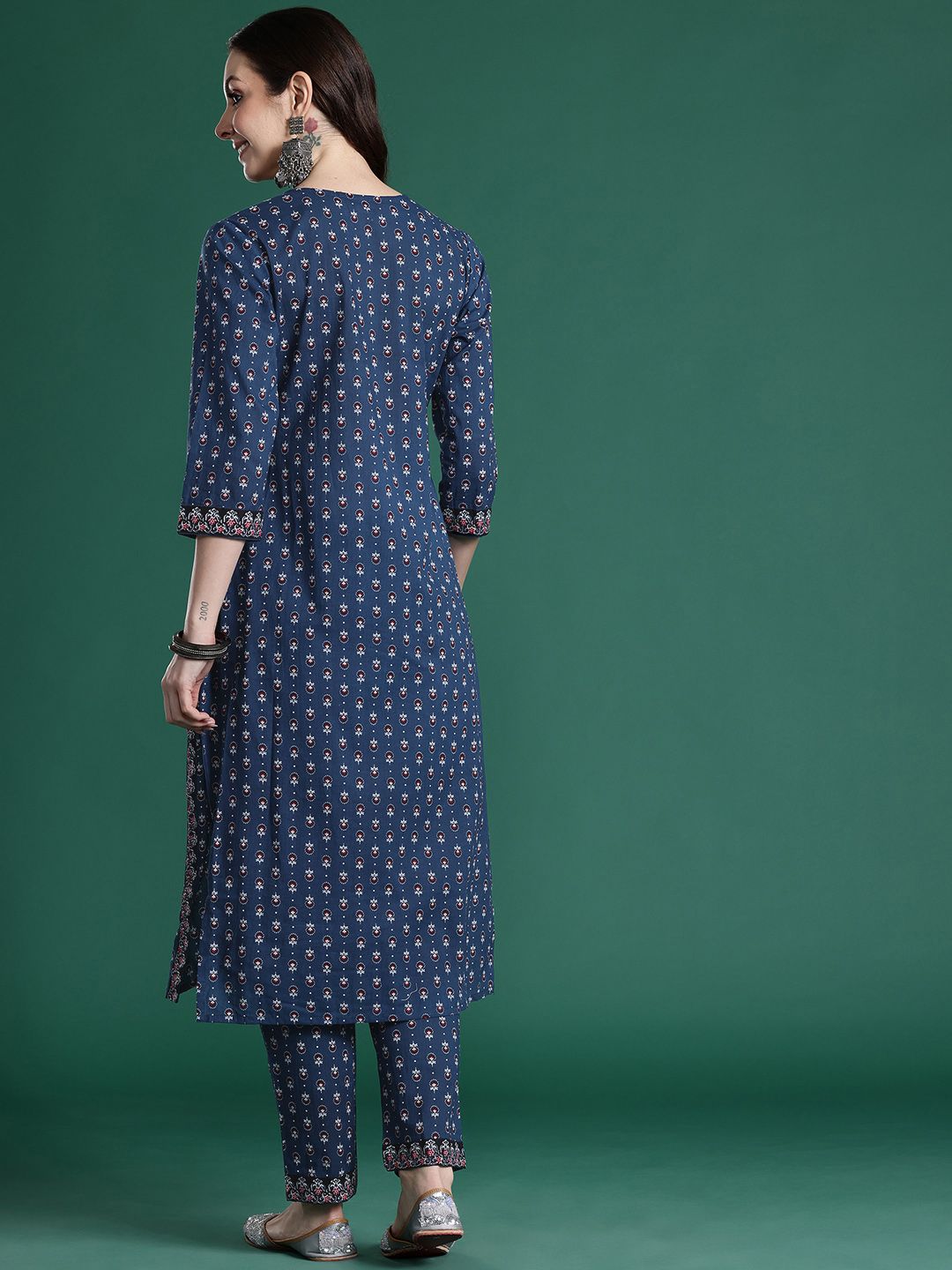 Dhiyona IE Ethnic Motifs Printed Panelled Beads & Stones Pure Cotton Kurta with Trousers
