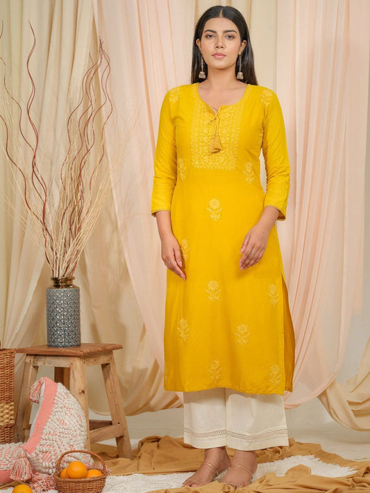 Dhiyona OD  Floral Embroidered Tie-Up Neck Straight Kurta
