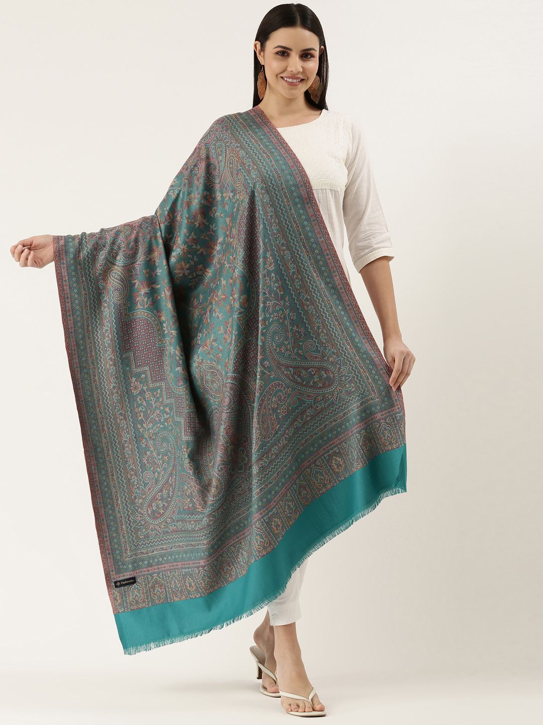 Dhiyona PA Women Teal Woven Design Wool Jamawar Shawl
