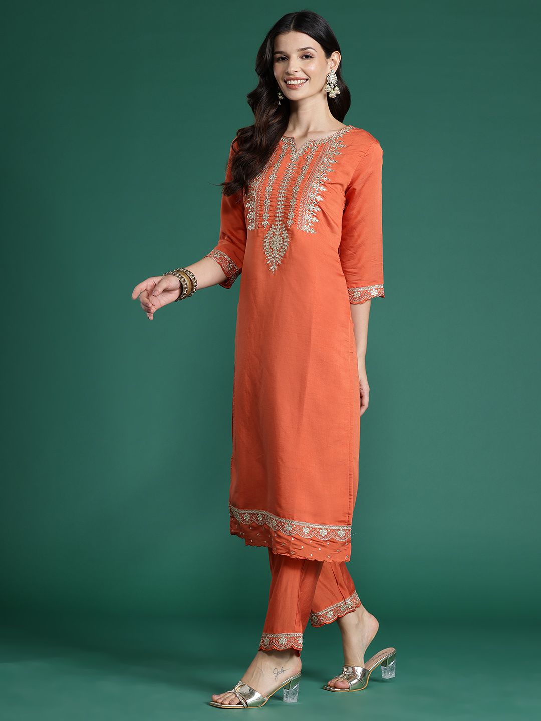 Dhiyona IE Ethnic Motifs Embroidered Gotta Patti Kurta With Trousers & Dupatta