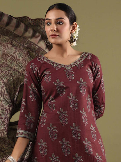 Dhiyona IE Ethnic Motifs Printed Pure Cotton Straight Kurta With Salwar & Dupatta