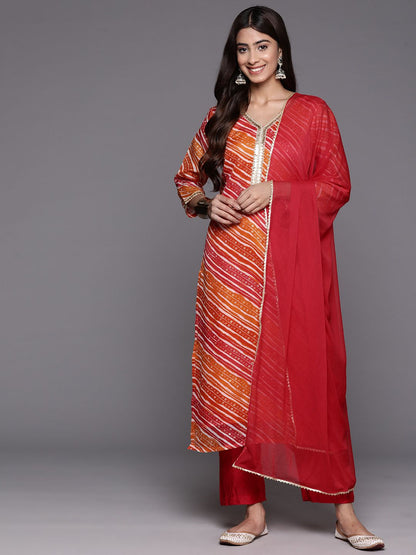 Dhiyona VA Women's Leheriya Printed Regular Sequinned Kurta with Trousers & With Dupatta