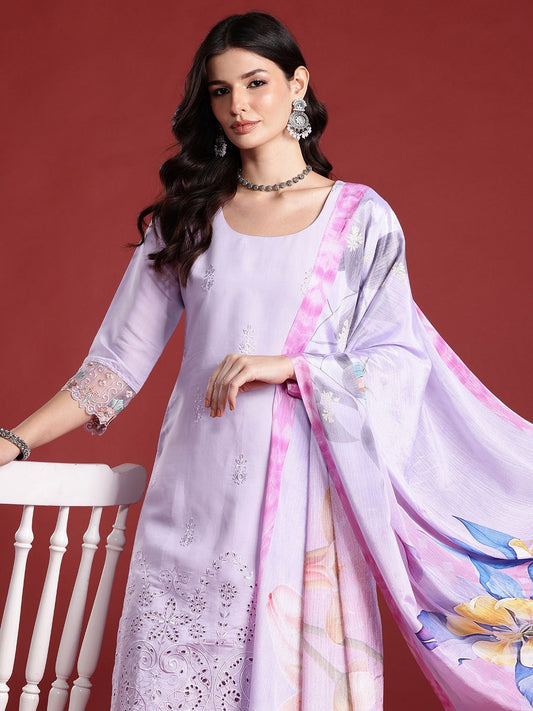 Dhiyona IE Floral Embroidered Thread Work Kurta with Trousers & Dupatta