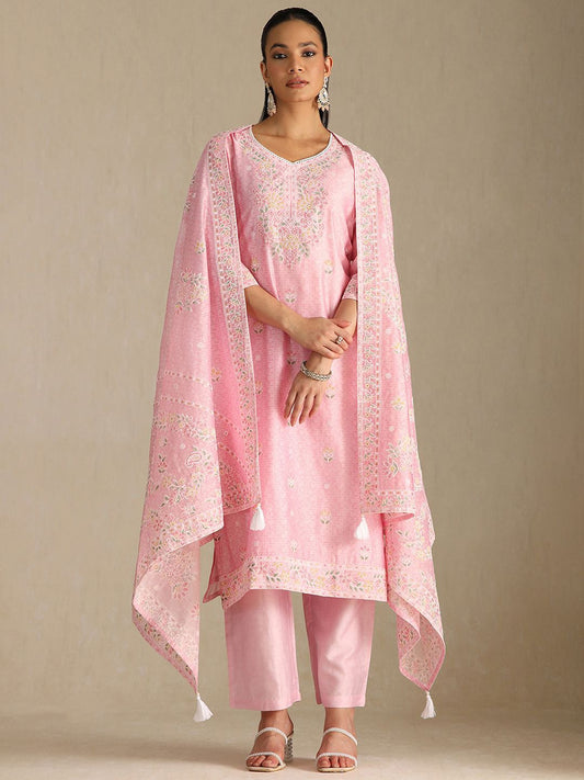 Dhiyona SO Women's Floral Printed Thread Work Chanderi Cotton Straight Kurta with Palazzos & Dupatta