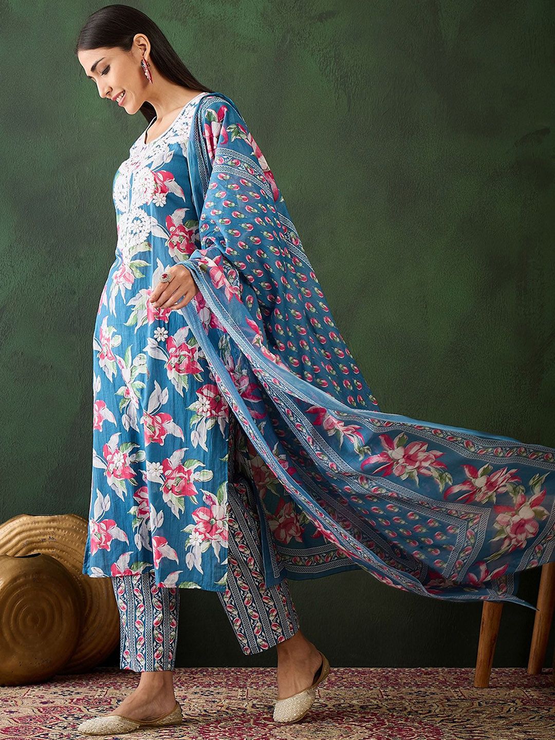 Dhiyona SN Women's Floral Embroidered Pure Cotton Straight Kurta With Trouser & Dupatta