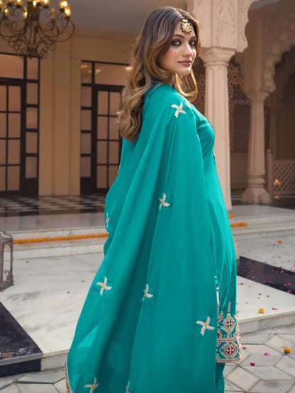 Floral Embroidered Mirror Work Sequinned Anarkali Kurta With Dhoti & Dupatta