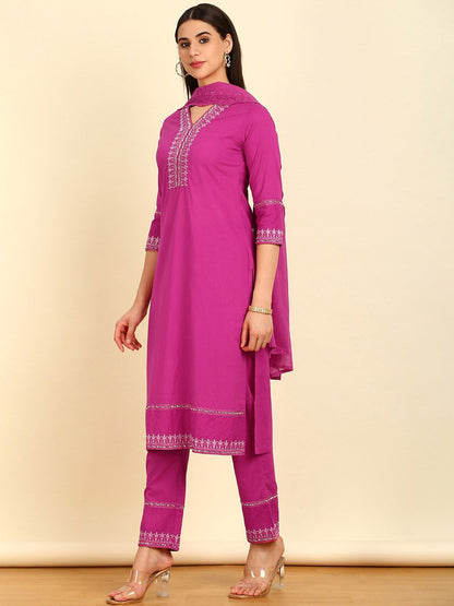 Dhiyona SO Women's Straight Pure Cotton Kurta With Trousers & Dupatta