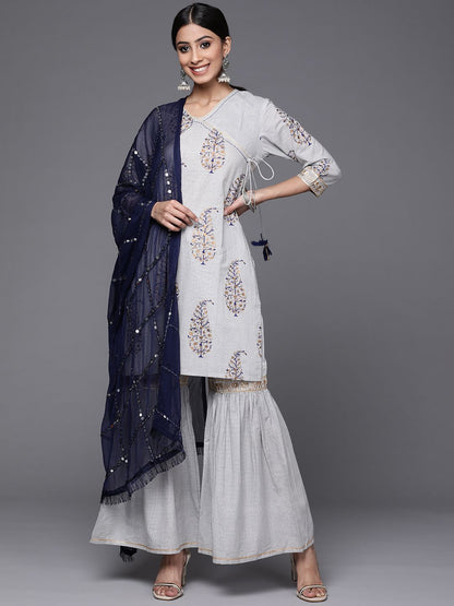 Dhiyona VA Women's Grey & Navy Ethnic Printed Angrakha Pure Cotton Kurta with Sharara & Dupatta