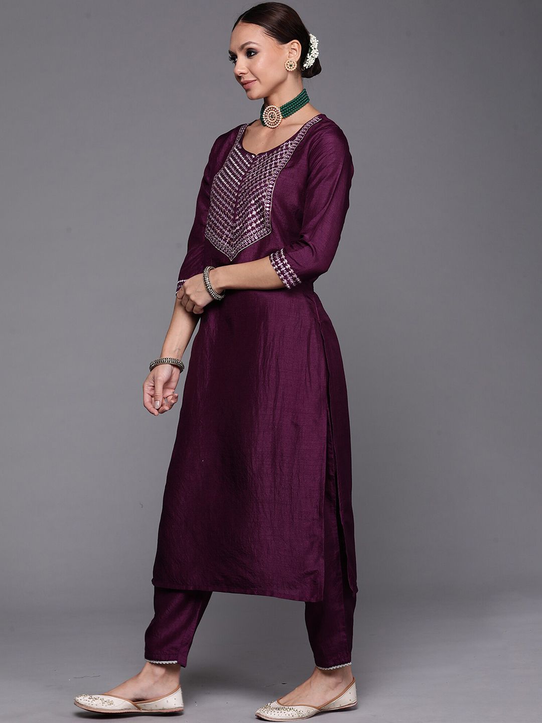 Floral Yoke Design Kurta With Trousers & Dupatta