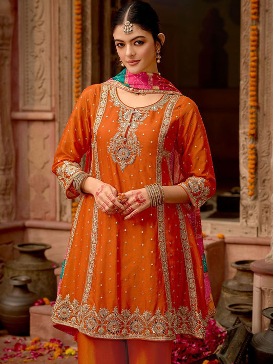 Dhiyona IE Floral Embroidered Panelled Mirror Work A-Line Kurta With Palazzos & Dupatta