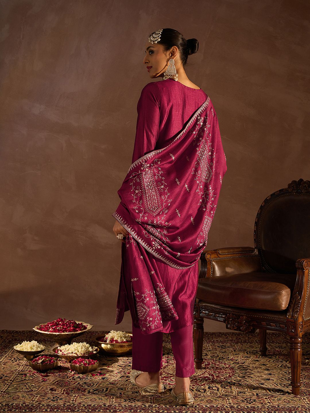Dhiyona IE Maroon Ethnic Motifs Embroidered Thread Work Kurta with Trousers & Dupatta