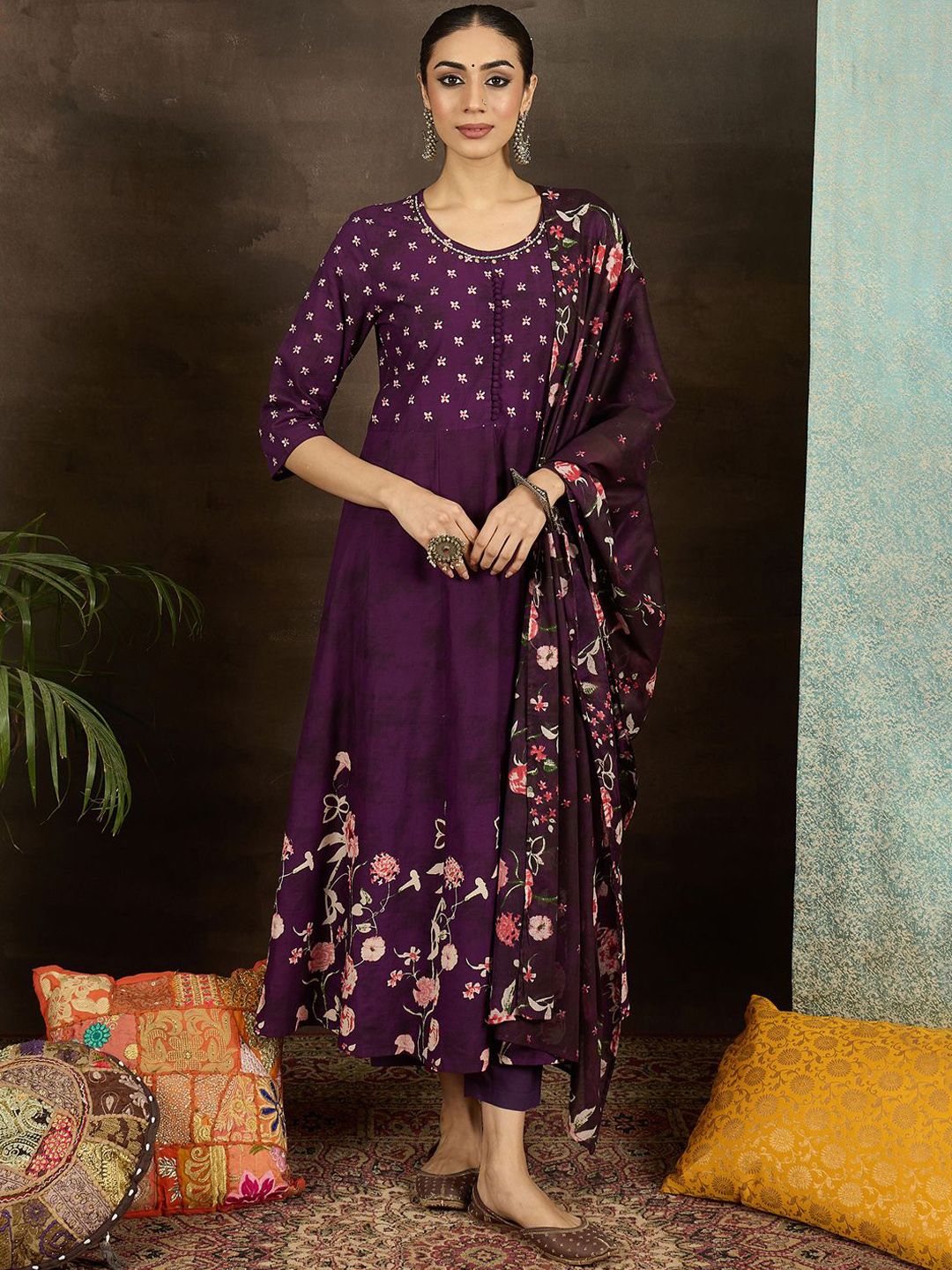 Floral Printed Pure Cotton Anarkali Kurta With Trousers & Dupatta