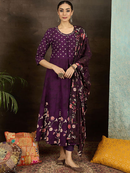 Floral Printed Pure Cotton Anarkali Kurta With Trousers & Dupatta
