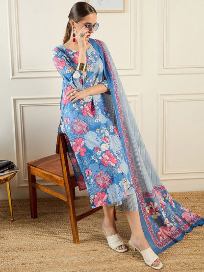 Floral Printed V-Neck Pure Cotton Straight Kurta With Trousers & Dupatta
