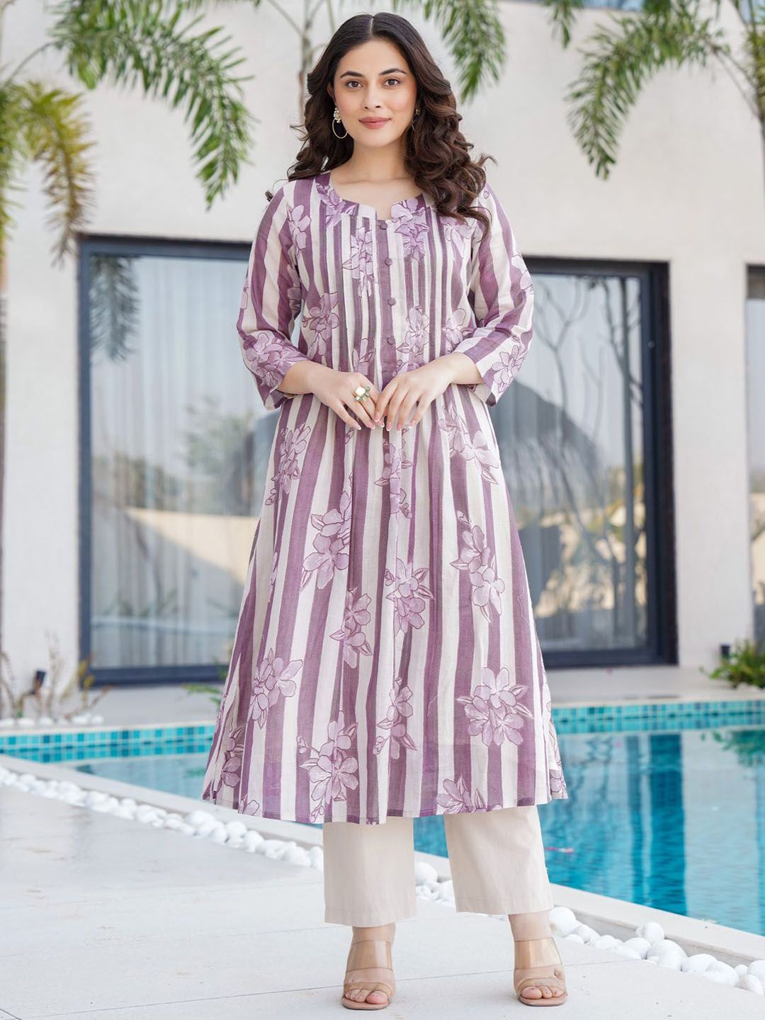 Dhiyona IE Floral Printed Notch Neck Pure Cotton A-Line Kurta With Trousers