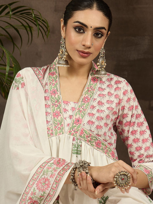 Dhiyona IE Women Floral Printed Empire Mirror Work Kurta with Trousers & With Dupatta