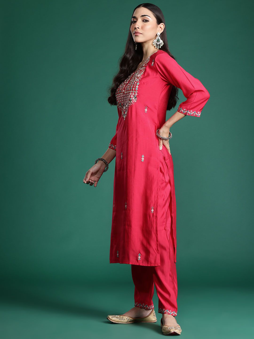 Embroidered Sequinned Kurta with Trousers & With Dupatta