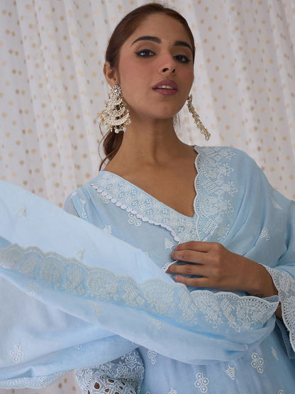 Dhiyona IE Ethnic Embroidered V-Neck Thread Work Pure Cotton Kurta with Trousers & Dupatta