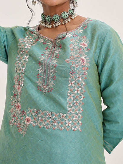 Dhiyona VA Women'sFloral Yoke Design Gotta Patti Kurta & Trousers With Dupatta