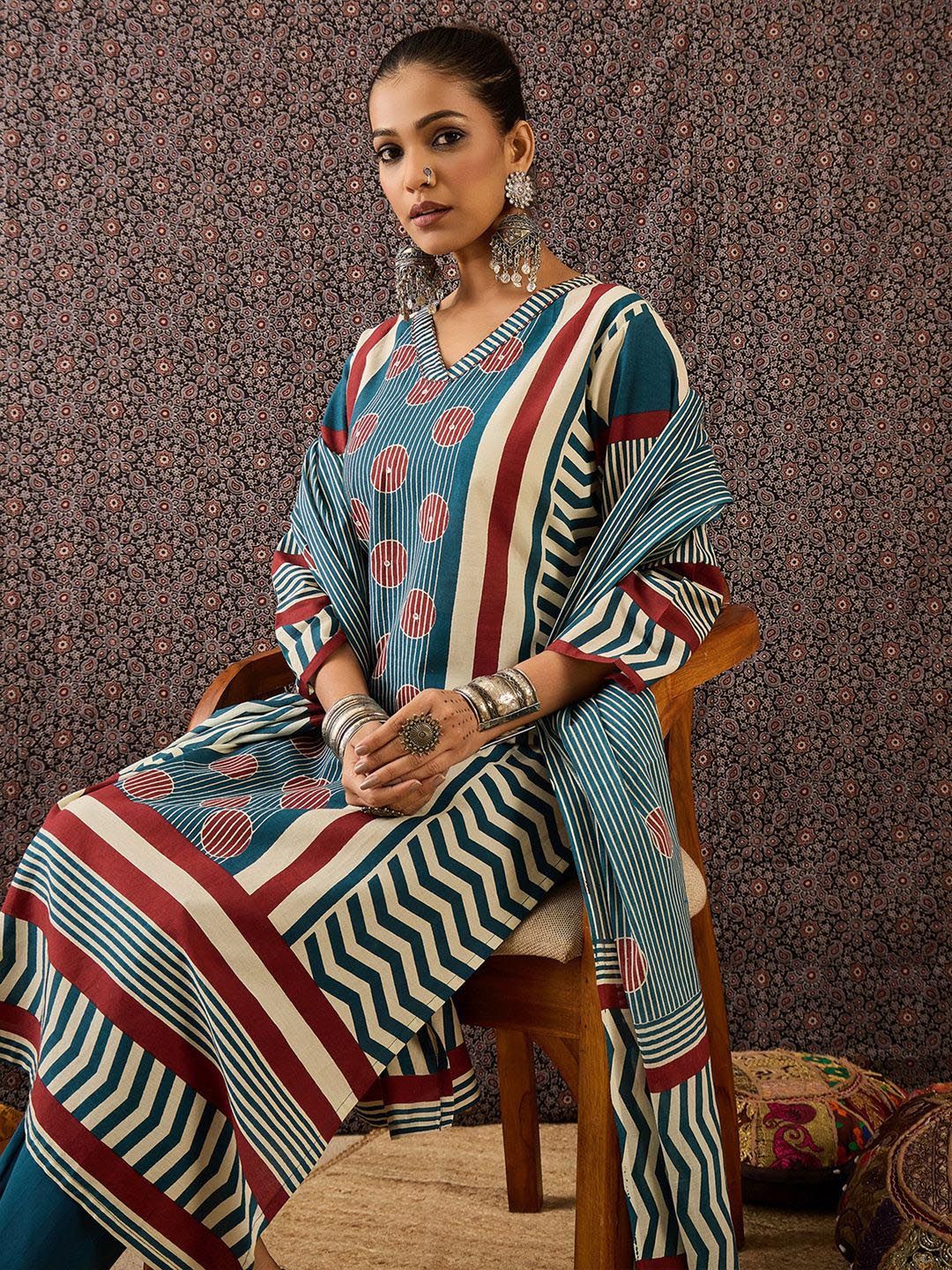 Dhiyona IE Women Printed Regular Pure Cotton Kurta with Trousers & With Dupatta