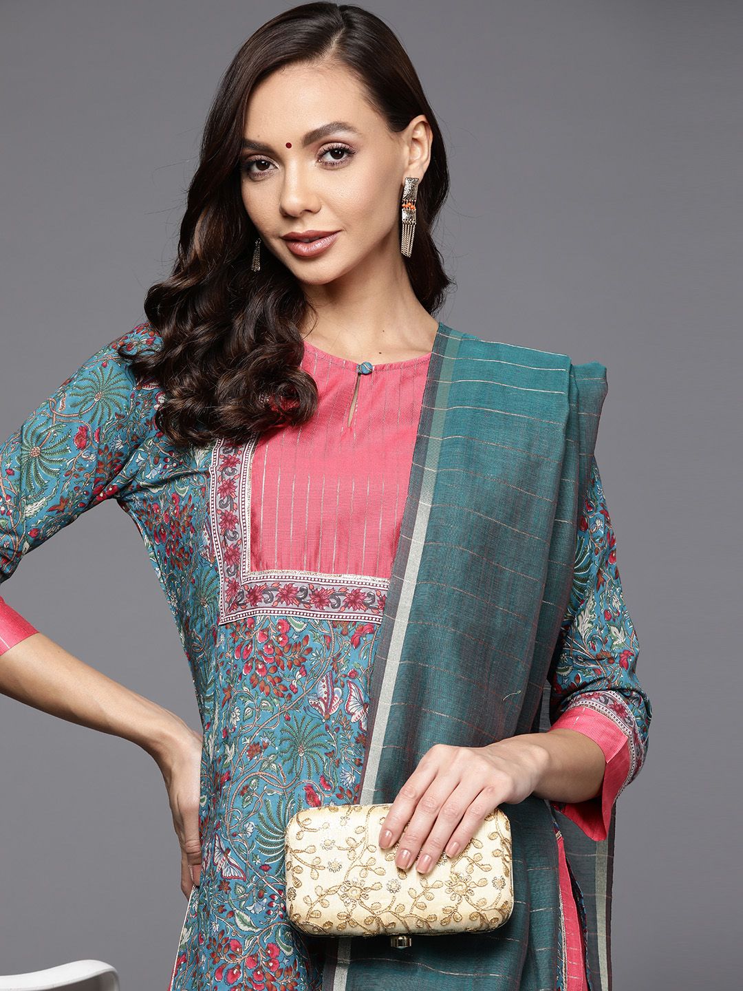 Dhiyona IE Women Blue Ethnic Motifs Printed Kurta with Palazzos & With Dupatta