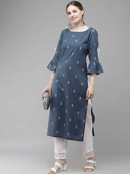Dhiyona IE Women Navy Blue Printed Bell Sleeves Kurta