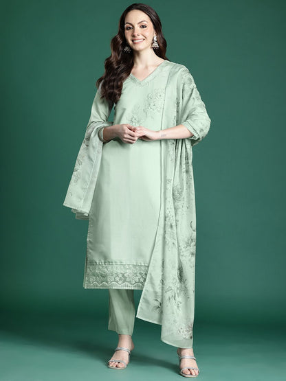 Floral Embroidered Kurta with Trousers & Dupatta
