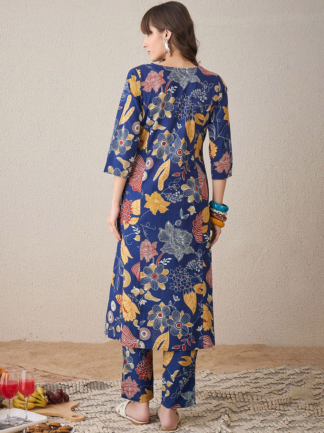 Dhiyona IE Printed V-Neck Pure Cotton A-Line Tunic With Trouser