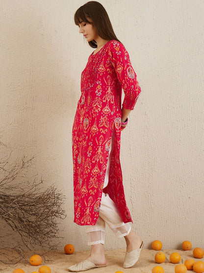 Dhiyona IE Ethnic Motifs Printed Round Neck Thread Work Straight Kurta