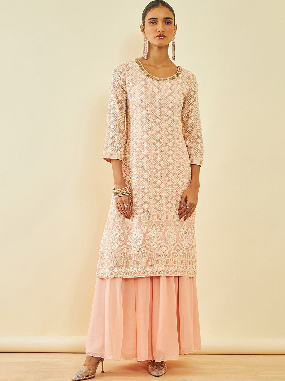 Dhiyona SO Women's Ethnic Motifs Embroidered Sequinned Kurta With Sharara & Dupatta