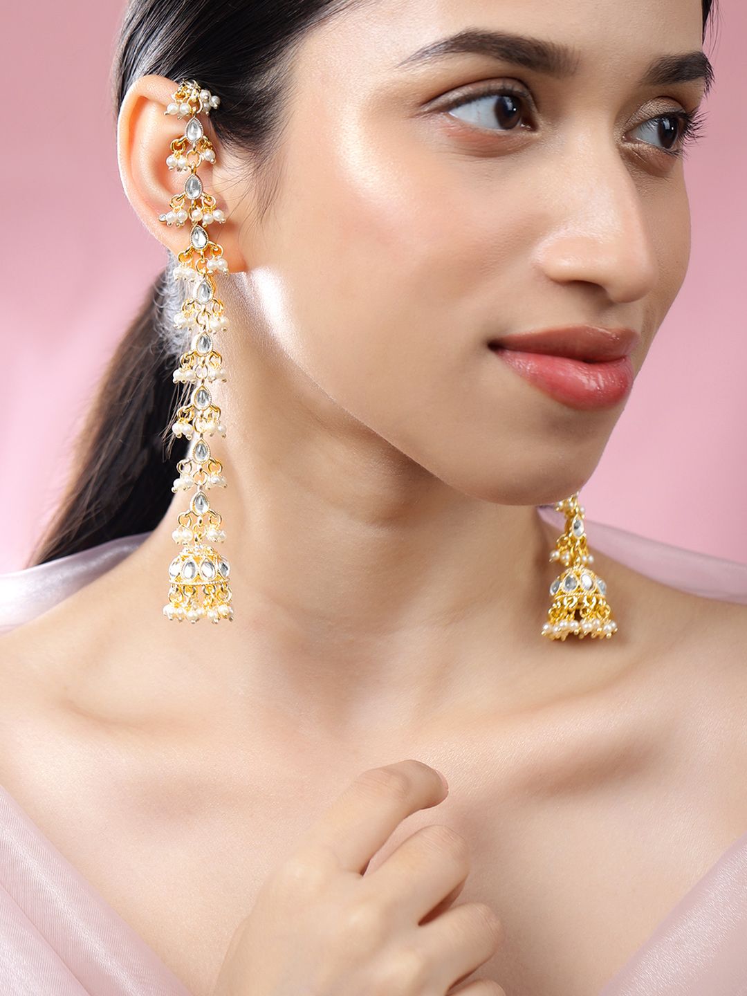 Dhiyona RJ Women's 18K Gold-Plated White Kundan & Glossy Pearl Beaded Long Jhumka Earring Extension