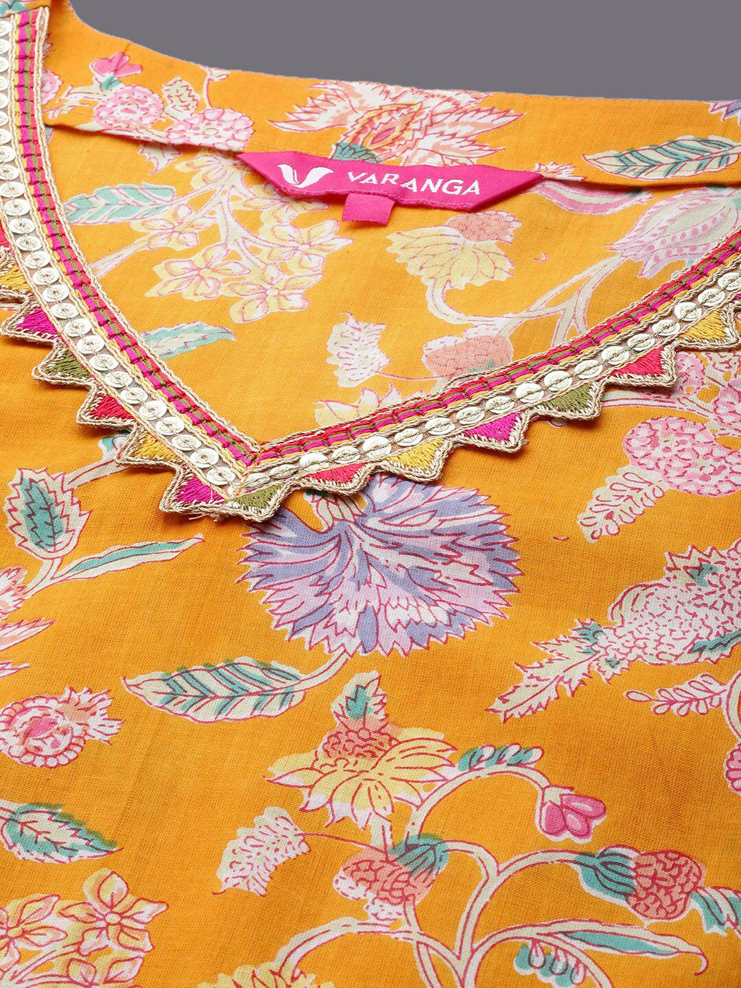 Dhiyona VA Women's Yellow Printed Pure Cotton Kurta with Trousers & With Dupatta