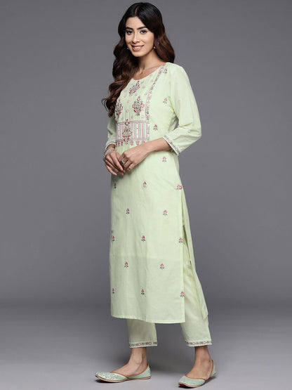 Dhiyona VA Women'sFloral Embroidered Pure Cotton Straight Kurta With Trousers & Dupatta