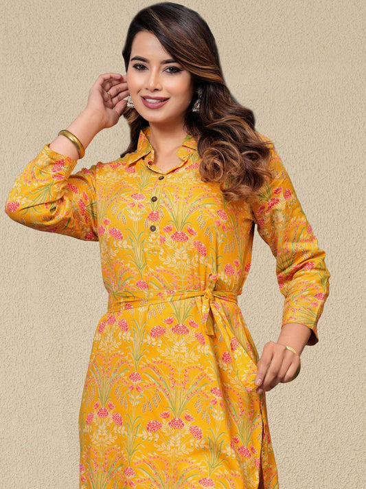 Dhiyona IE Floral Printed Shirt Collar Kurta With Trousers