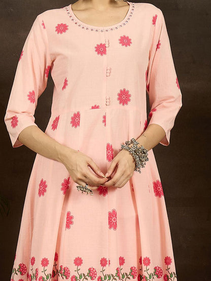 Floral Printed Round Neck Pure Cotton Anarkali Kurta With Trousers & Dupatta