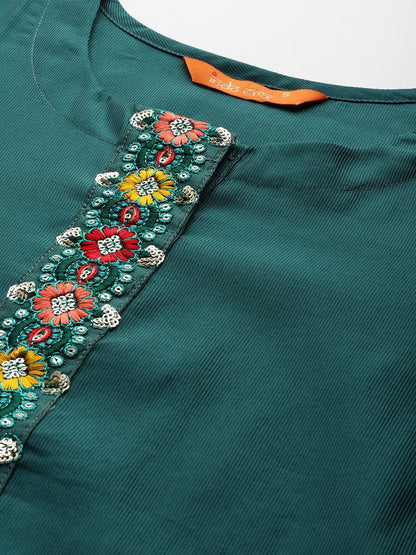 Dhiyona IE Floral Embroidered Regular Thread Work Liva Kurta with Palazzos & Dupatta