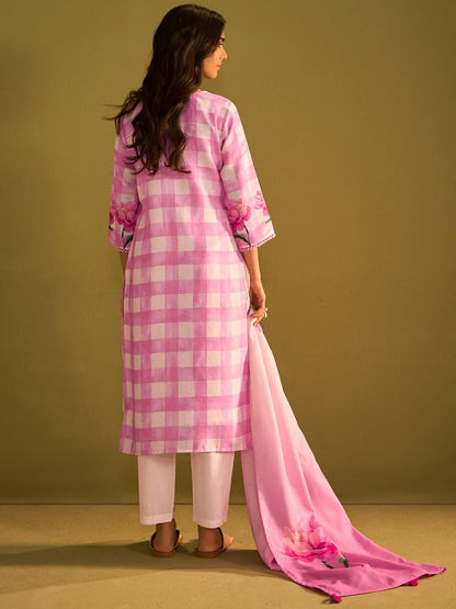 Dhiyona IE Checked V-Neck Linen Straight Kurta With Trousers & Dupatta