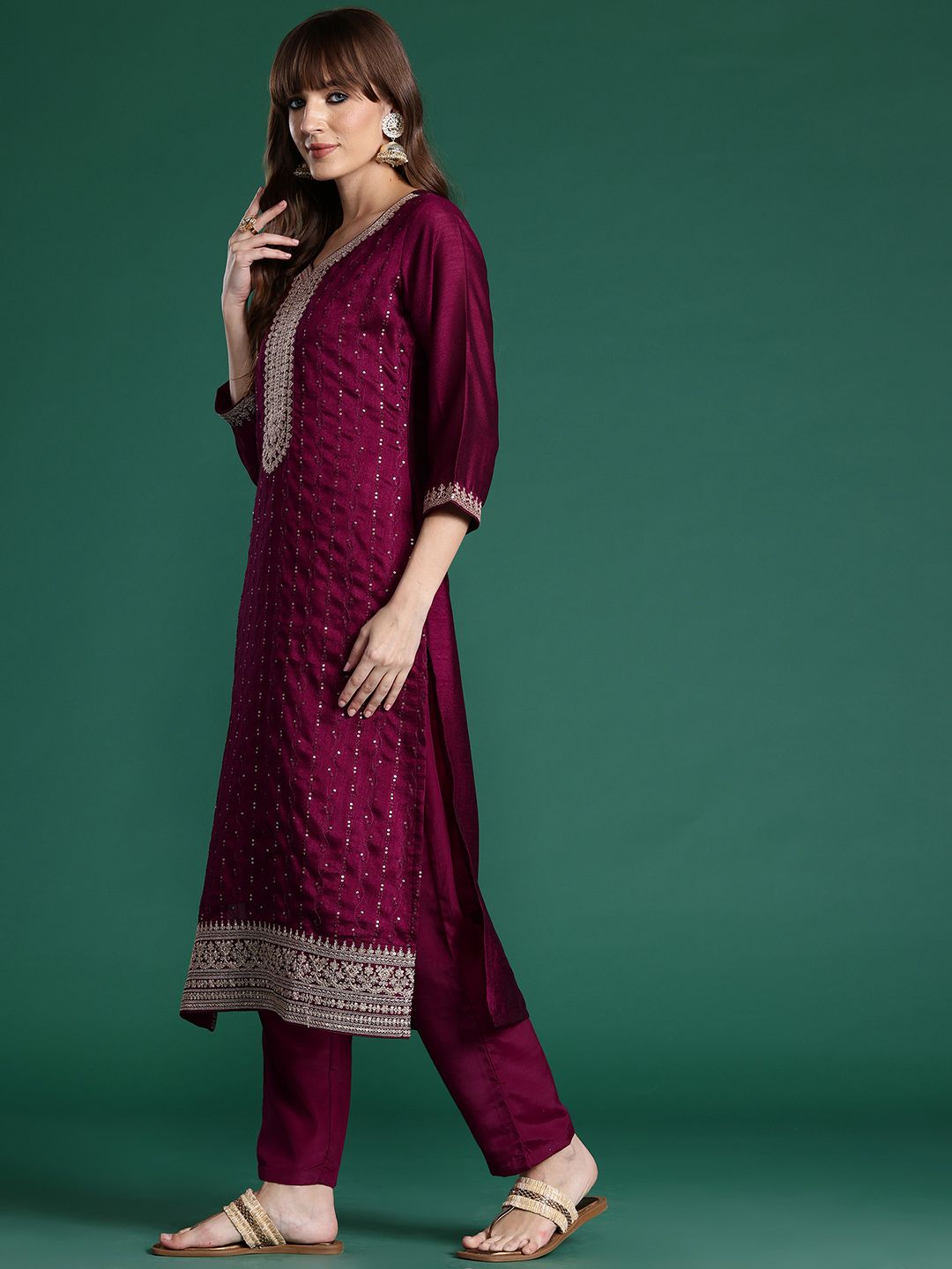 Ethnic Motifs Embroidered Sequinned Kurta with Trousers & With Dupatta